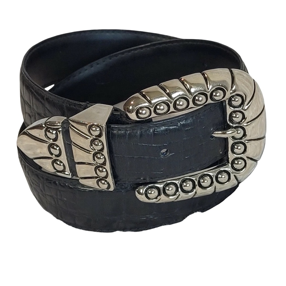 Captiva Genuine Leather Black Alligator Texture Belt with Large Silver Buckle